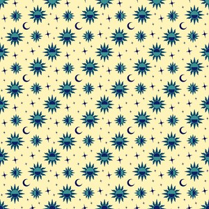 May include: A seamless pattern featuring a repeating design of teal blue suns with a crescent moon and white stars on a pale yellow background.