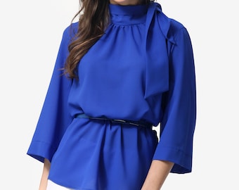 Semi-Sheer Blouse: Bow Collar, 3/4 Flare Sleeves