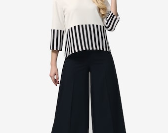 Wide Leg Trouser Suit: Cropped Sleeve Blouse, High Waist