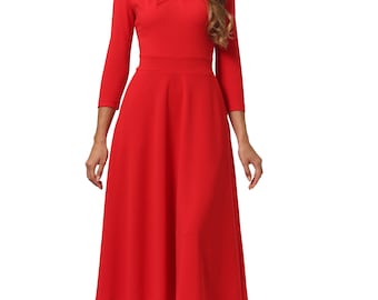 Vestido midi elegante de viscose: decote recortado, manga 3/4