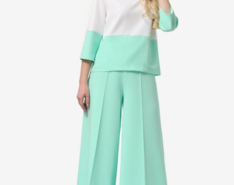 Wide Leg Viscose Blend Suit: High Waist Trousers, Cropped Sleeve Blouse