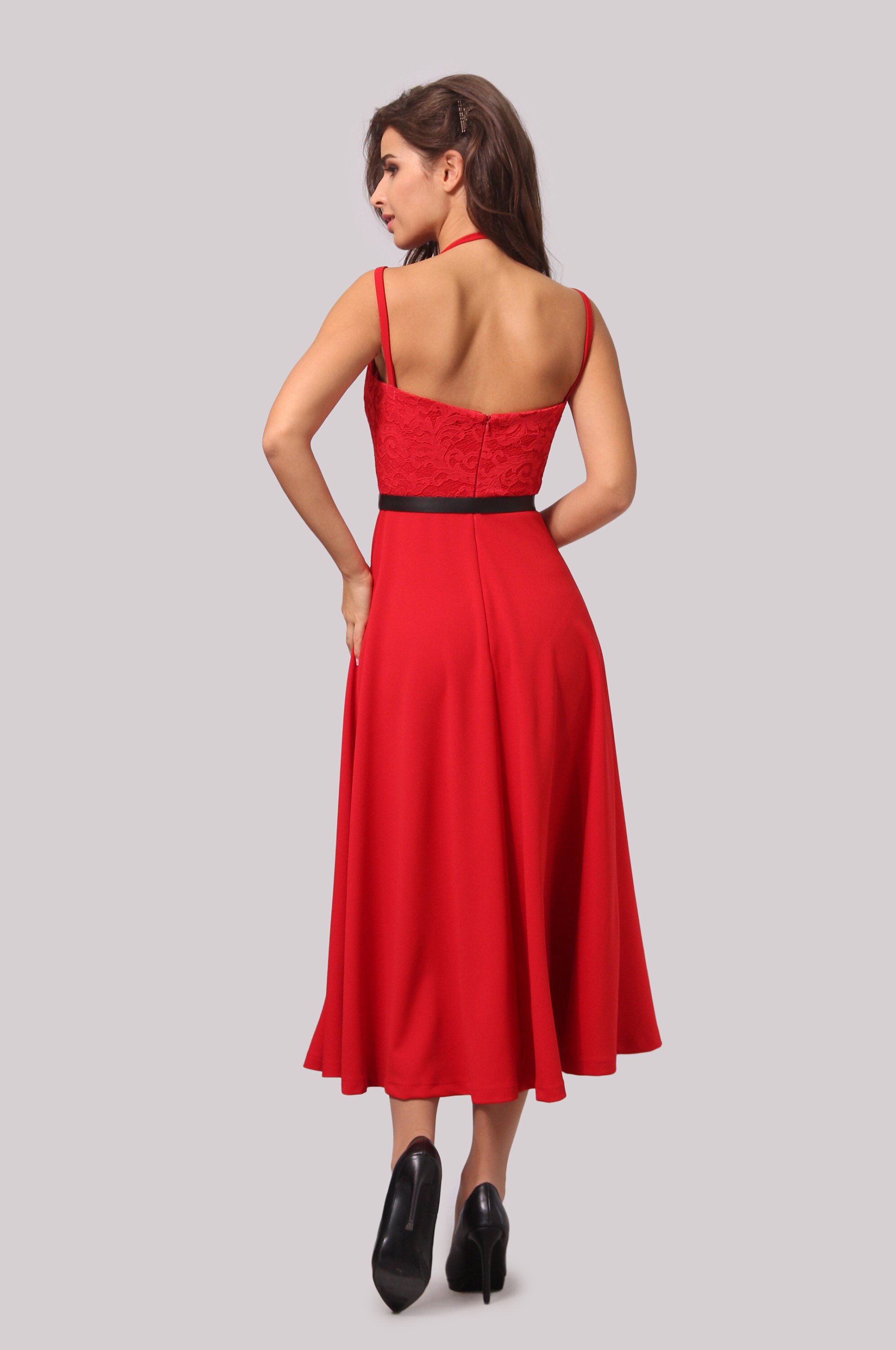 Lace Bodice Evening Dress: Flared Jersey Skirt, Open Back