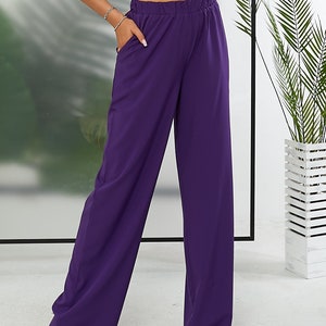 Pantalon taille haute avec élastique et poches latérales en tissu d'été léger Violet