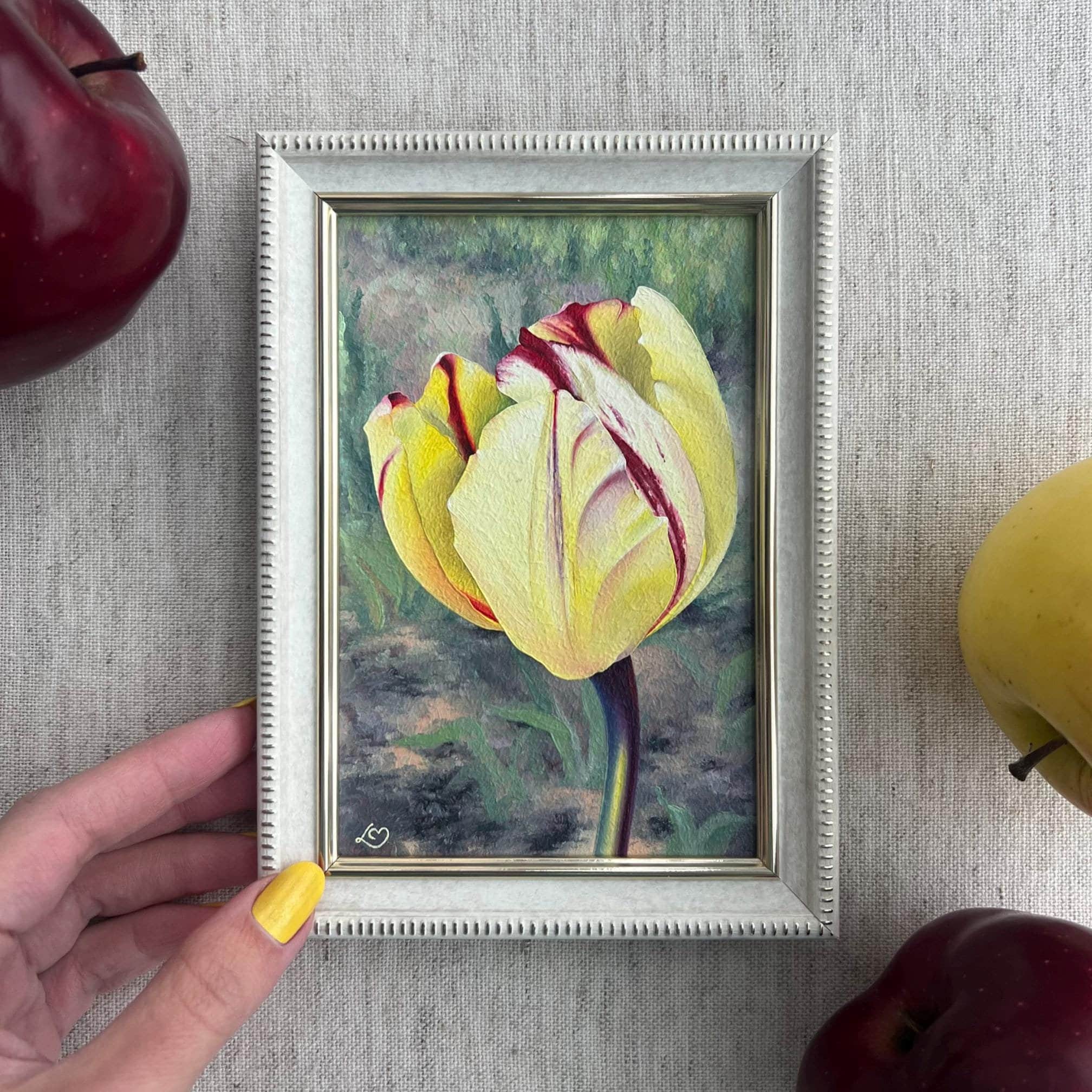 チューリップの油絵：黄色と赤の花の植物画（4 x 6インチ） - Etsy 日本