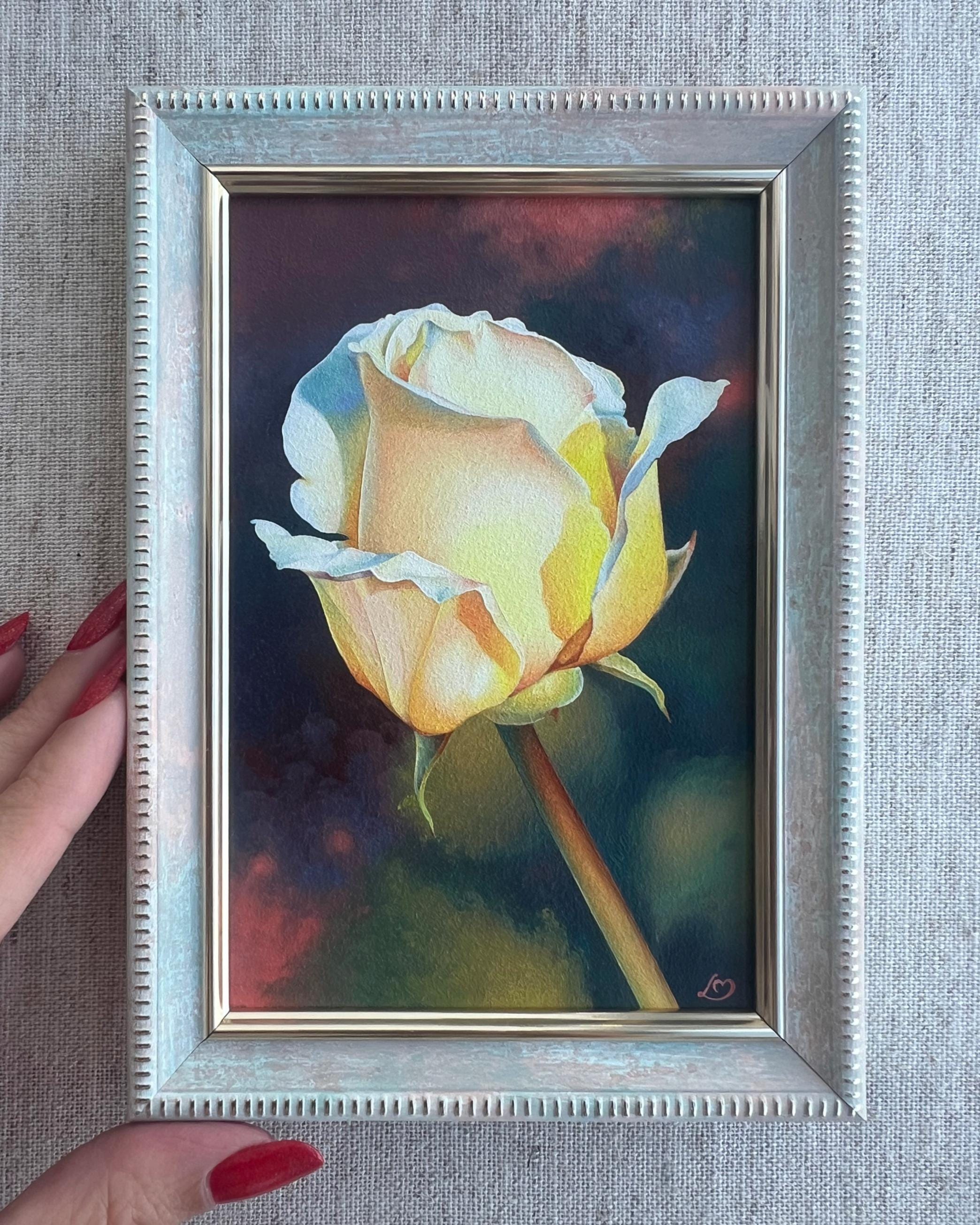 白いバラの油絵：植物写実主義、グレーズ技法（4×6インチ） - Etsy 日本