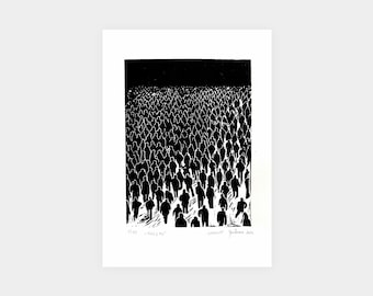 Original handgemachter Linoldruck „Schafe“ von Jan Zaraza – Limitierte Auflage – schwarze Tinte / A4-Format