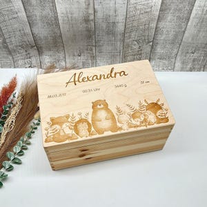 Personalized wooden forest animal keepsake box | loving gift for birth or baptism | with name & birth date | wooden box