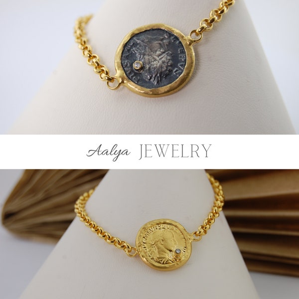 Ancient Greek Coin Bracelet | Chunky Chain Antique T- Clasp Choker | Medallion Bracelet | Gold Plated Silver Boho Medallion Charm