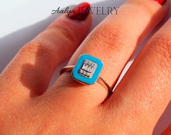 Baby Blue Enamel Baguette Diamond Ring, Dainty Daily 8K White Gold Ring, Cushion Blue Halo Diamond Band, Custom Name Engraved Ring
