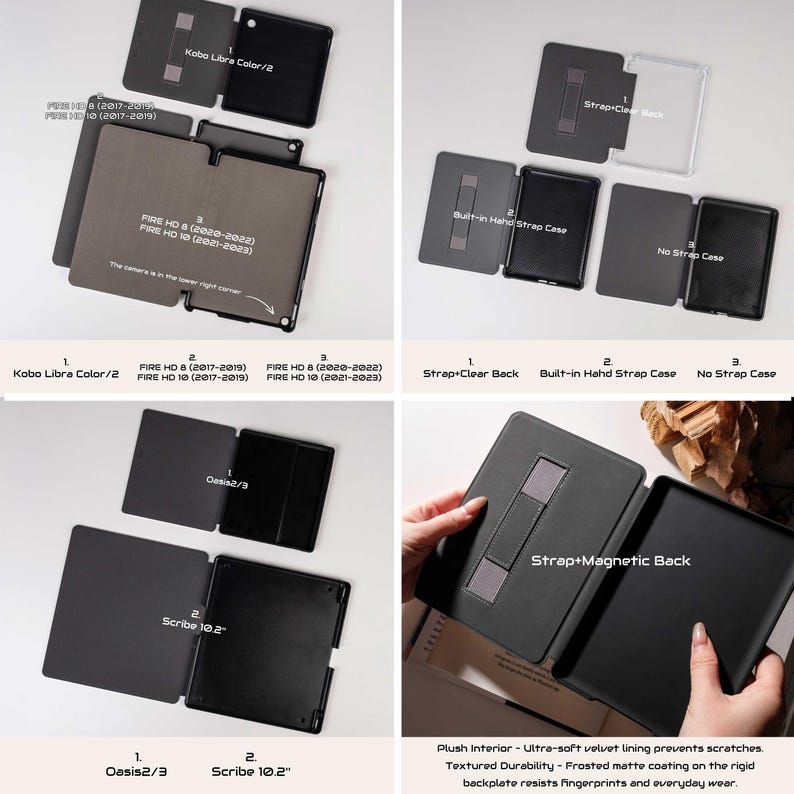 May include: A collection of black tablet cases with various features, including a clear back, built-in hand strap, and magnetic back. The cases are designed for different models, such as Kobo Libra Color/2, Fire HD 8, and Fire HD 10.