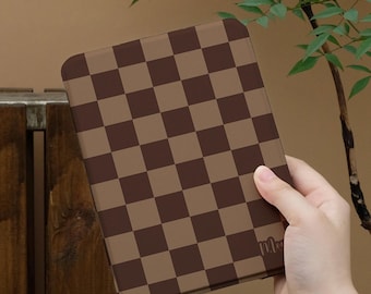 Brown Checkerboard Kindle Case Autumn Vibes Personalized Protective Cover for with Hand Strap Auto Sleep Wake Magnetic Back stand