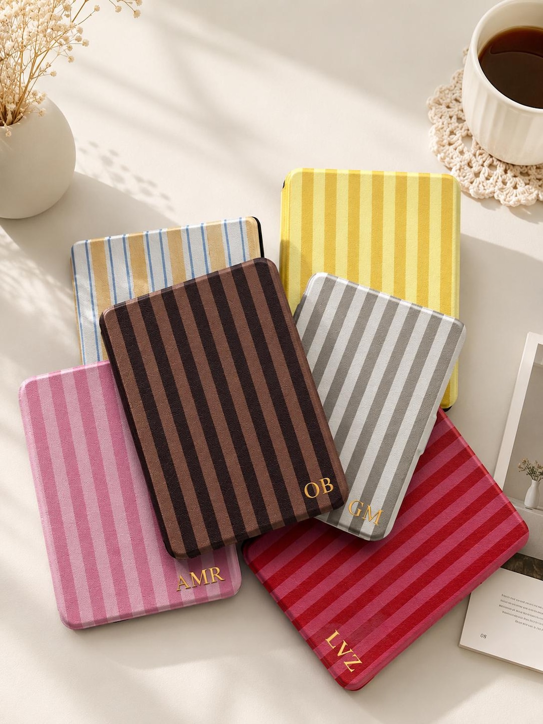 Personalized Striped Kindle Case, Custom Initial Kindle Cover, Colorful E-Reader Sleeve, K