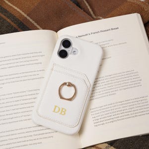 Embossed Leather iPhone Case with Card Holder & Gold Ring Stand, Shockproof Back Cover, Elegant Wallet Phone Case for iPhone 16 17 Pro Max