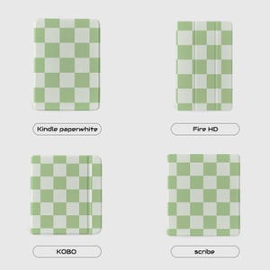May include: Four e-reader cases with a green and white checkered pattern. The cases are labeled for Kindle Paperwhite, Fire HD, Kobo, and Scribe. The cases are rectangular and have a smooth texture.