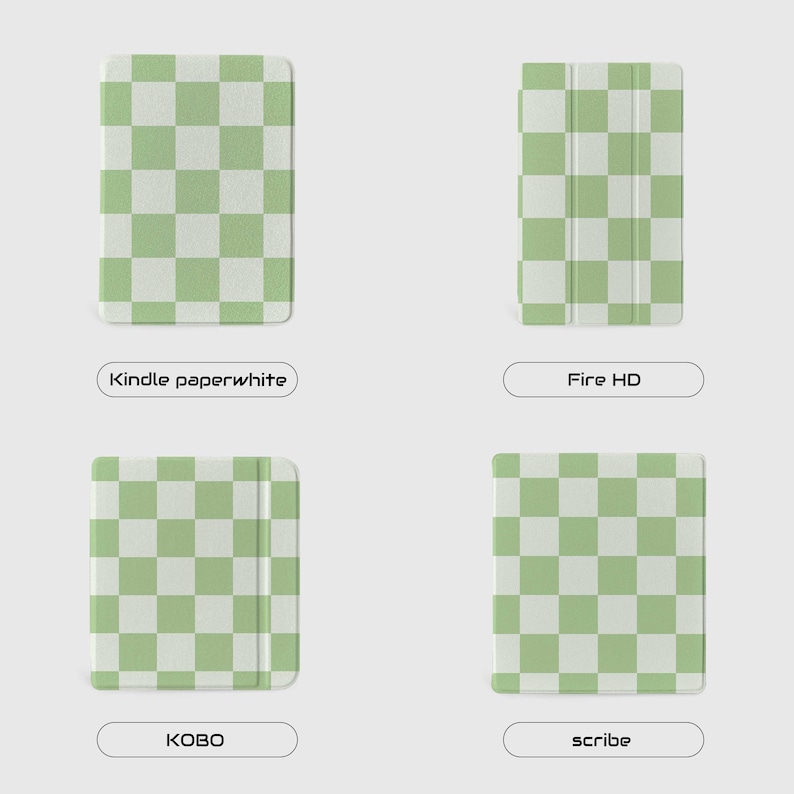 May include: Four e-reader cases with a green and white checkered pattern. The cases are labeled for Kindle Paperwhite, Fire HD, Kobo, and Scribe. The cases are rectangular and have a smooth texture.