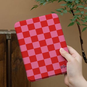 Rose red Checkerboard Kindle Case,Kobo case,Kindle Paperwhite 12th Gen and Kindle Colorsoft with Hand Strap,Auto Sleep Wake,Magnetic Back