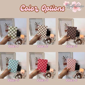 May include: A display of six phone cases with checkered patterns in various colors: green and white, brown and white, dark brown, light blue and white, red and pink, and pink and white. The text "Color Options" is at the top.