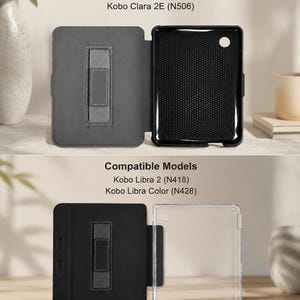May include: Image of two e-reader cases, one gray and one black, with a stand feature. The cases are open, showcasing the interior design. The text "Compatible Models" is at the top, listing Kobo e-reader models.