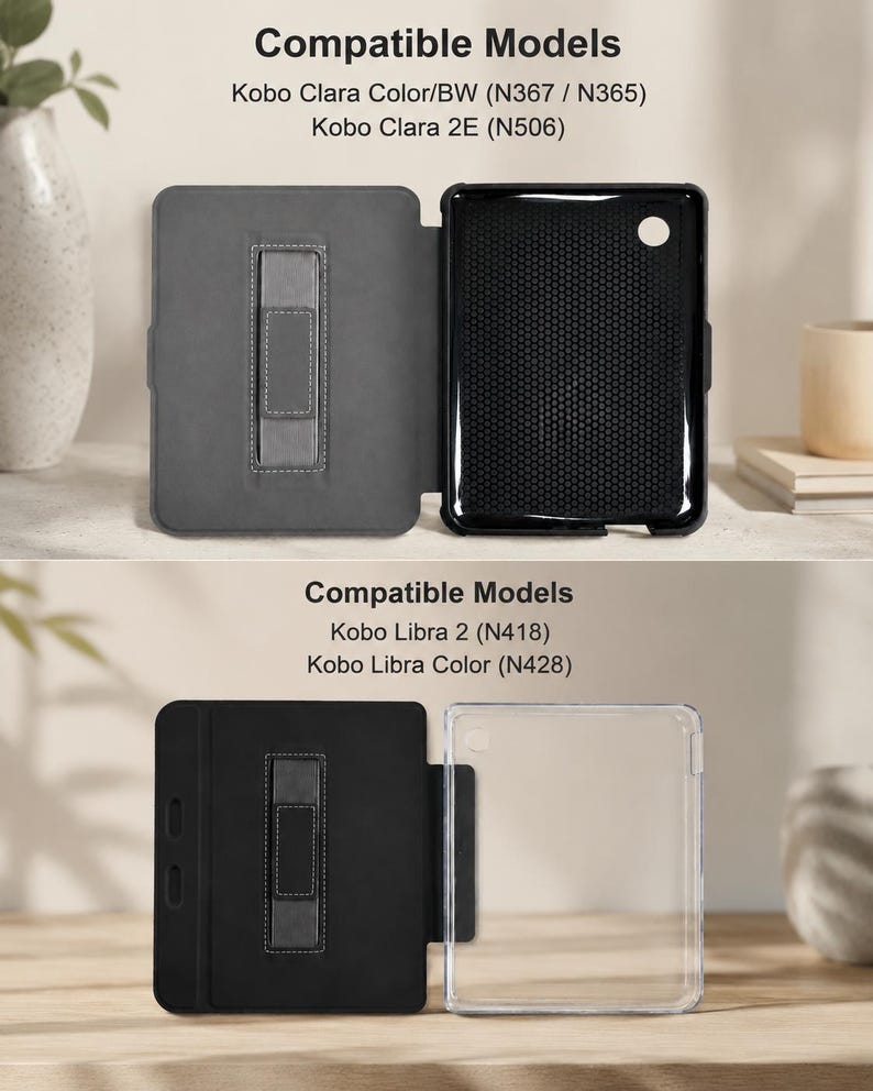 May include: Image of two e-reader cases, one gray and one black, with a stand feature. The cases are open, showcasing the interior design. The text "Compatible Models" is at the top, listing Kobo e-reader models.