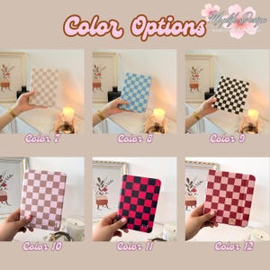May include: An image showcasing six different color options of a checkered pattern case. The text "Color Options" is at the top. The cases are in various colors, including beige, blue, black, pink, red, and burgundy. Each case is labeled with a color number.