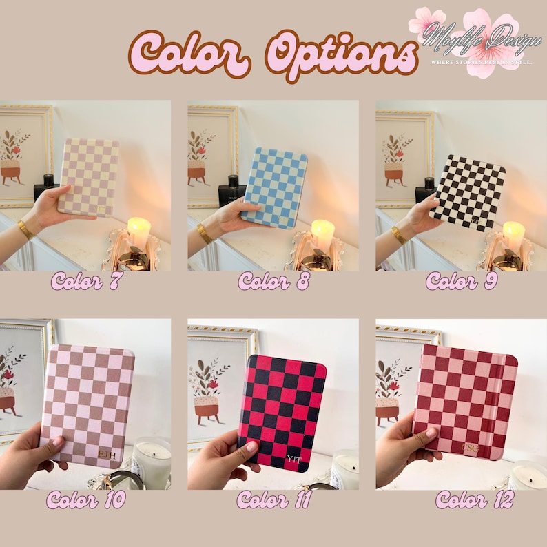 May include: An image showcasing six different color options of a checkered pattern case. The text "Color Options" is at the top. The cases are in various colors, including beige, blue, black, pink, red, and burgundy. Each case is labeled with a color number.