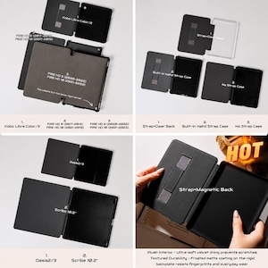 May include: A collection of black protective cases for e-readers and tablets, including models for Kobo Libra Color, Fire HD 8, Fire HD 10, Oasis, and Scribe 10.2. The cases feature various configurations like built-in hand straps, clear backs, and magnetic back plates with a plush interior lining.
