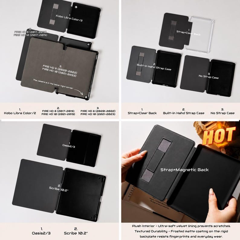 May include: A collection of black protective cases for e-readers and tablets, including models for Kobo Libra Color, Fire HD 8, Fire HD 10, Oasis, and Scribe 10.2. The cases feature various configurations like built-in hand straps, clear backs, and magnetic back plates with a plush interior lining.