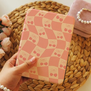 Cherry Pink Kindle Case – Cute Coquette Checkered Cover with Bows and Cherries – Aesthetic Gift for Girls Who Love Reading kobo clear cover