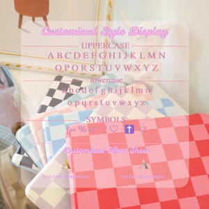 May include: A collection of colorful, checkered pattern cases, with a display of uppercase and lowercase letters, and symbols. The text "Customised Style Display" and "Customized Effect Show" are visible. The cases are in shades of pink, blue, and black.