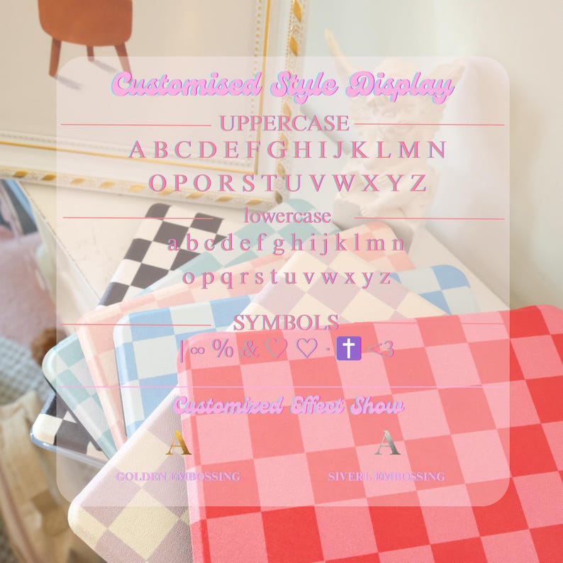 May include: A collection of colorful, checkered pattern cases, with a display of uppercase and lowercase letters, and symbols. The text "Customised Style Display" and "Customized Effect Show" are visible. The cases are in shades of pink, blue, and black.