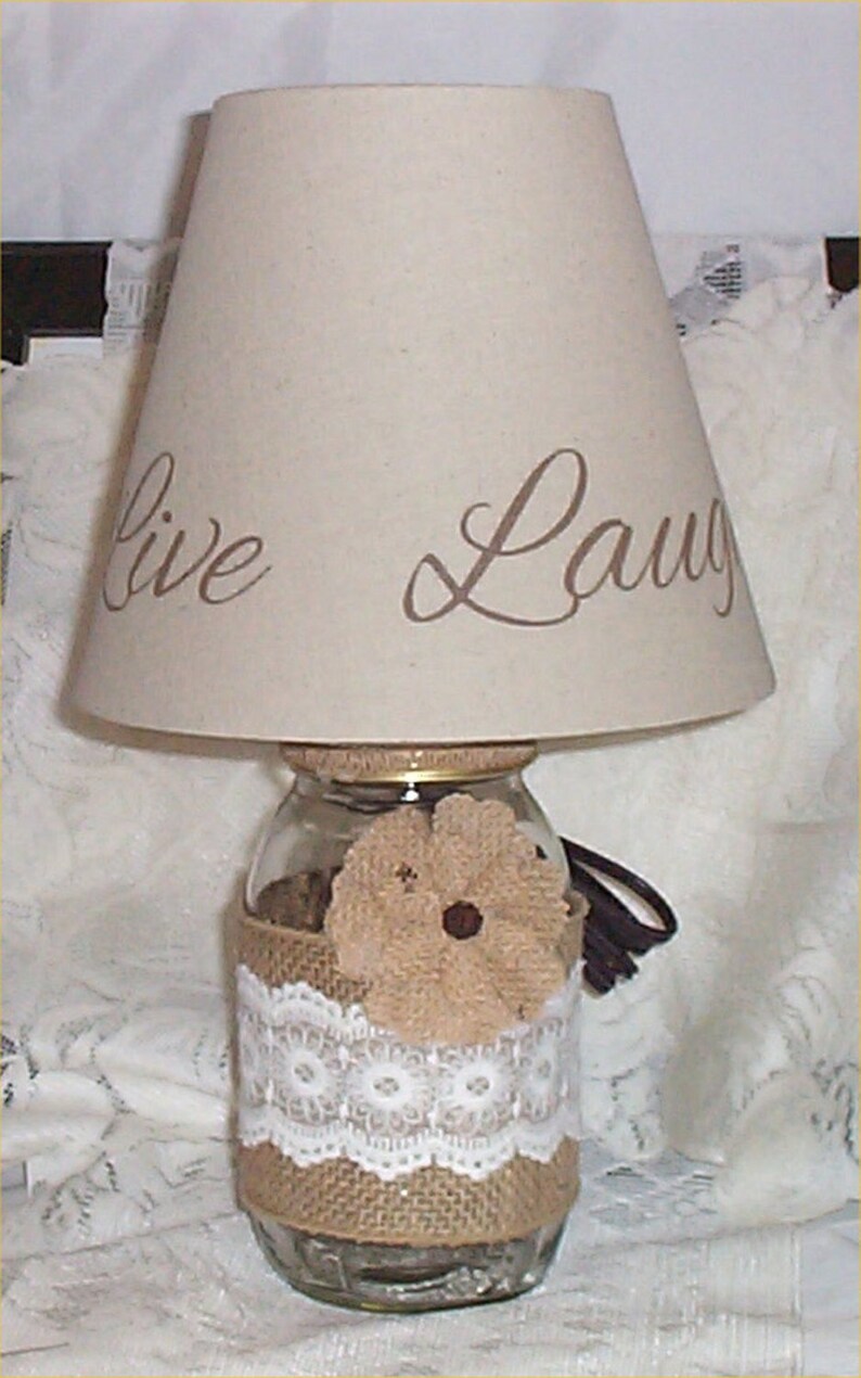 Mason Jar Lamp Country Farm Chic Burlap Ribbon Shade Say Live Love Laugh French