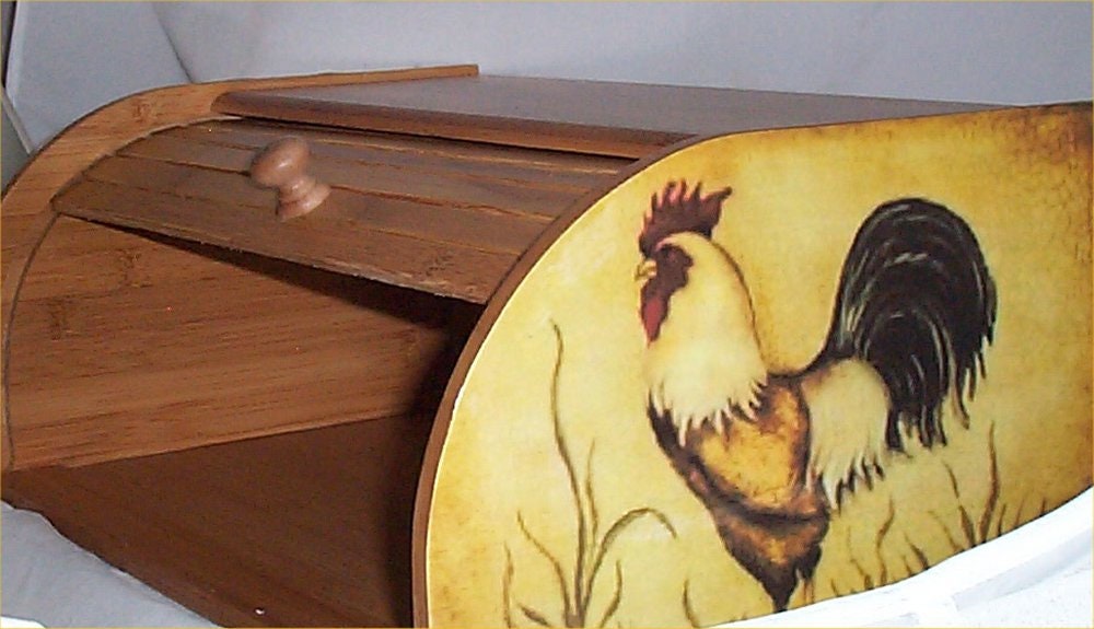 Rooster Bread Box Bamboo Wood Country Farm Kitchen Roll Top Etsy