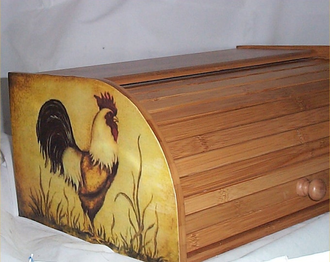 Vintage Wood Rooster Bread Box Cutting Board Door Bread Keeper Storage