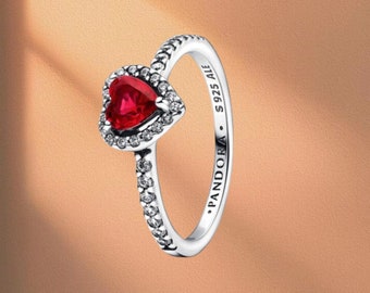 Pandora Roter Herzring, Ehering, Alltäglicher Ring, Schlichter Ring, S925 Sterling Silber Pandora Ring, Charm Ring, Geschenk für Sie