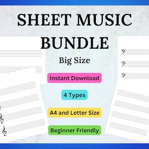 May include: A digital download bundle of four types of printable sheet music in A4 and letter size. The sheet music is beginner friendly and features a treble clef and five lines. The text on the image reads "SHEET MUSIC BUNDLE, Big Size, Instant Download, 4 Types, A4 and Letter Size, Beginner Friendly".