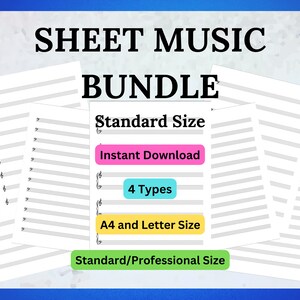 Può includere: Un pacchetto di download digitale di quattro tipi di modelli di spartiti musicali in formato standard. I modelli sono disponibili in formato A4 e Letter. Il testo sull'immagine recita "SHEET MUSIC BUNDLE, Standard Size, Instant Download, 4 Types, A4 and Letter Size, Standard/Professional Size".