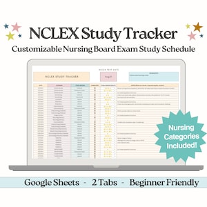 NCLEX Nursing Study Tracker | Google Sheets Study Planner | Customizable Organizational Nursing Student NCLEX Planner and Task Management