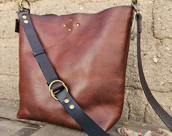 Raw Edge Bucket Bag / Simple Leather Sling Tote / Leather Feed Bag Style Tote / Rustic Leather Bag