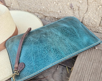 Small Turquoise Leather Portfolio / Accessory Pouch / Clutch / Handmade Leather Pouch / Small Zipper Bag / Unisex / Zipper Clutch