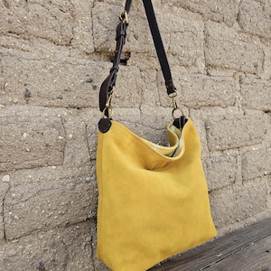 Yellow Suede Bucket Bag: Leather Sling Tote - Geometric Linen Lining