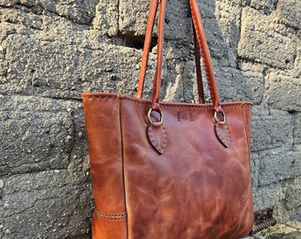 Hand Stitched Cognac Tote Bag / Medium / Large Tote Bag / Market Tote / Book bag / Laptop bag