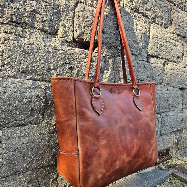 Hand Stitched Cognac Tote Bag / Medium / Large Tote Bag / Market Tote / Book bag / Laptop bag