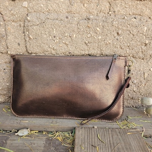Cartera pequeña de cuero bronce / Bolsa de accesorios / Embrague / Bolsa de cuero hecha a mano / Bolsa pequeña con cremallera / Unisex / Embrague con cremallera