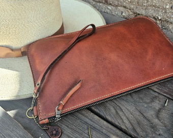 Small Terra Cotta Leather Portfolio / Accessory Pouch / Clutch / Handmade Leather Pouch / Small Zipper Bag / Unisex / Zipper Clutch