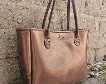 Bronze Leather Hand stitched Tote Bag / large Market Tote / Metallic Leather