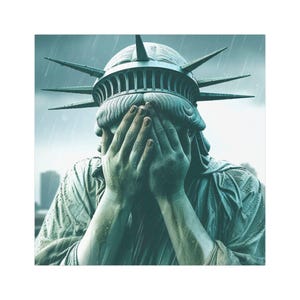 Puede incluir: Una estatua de la Estatua de la Libertad con la cabeza inclinada y las manos cubriéndole la cara. La estatua está hecha de piedra verde y está de pie frente a un fondo gris. La estatua está llorando.