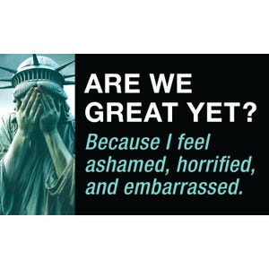 Op de afbeelding: Een digitale illustratie van het Vrijheidsbeeld met haar handen voor haar gezicht, alsof ze huilt. De tekst luidt "ARE WE GREAT YET? Because I feel ashamed, horrified, and embarrassed."