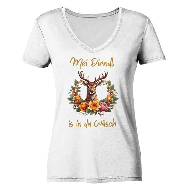 Mei Dirndl is in da Wäsch T-Shirt - Trachten Shirt Damen Volksfest Wiesn Bierzelt Lederhosen Dirndl - Damen V-Neck Shirt