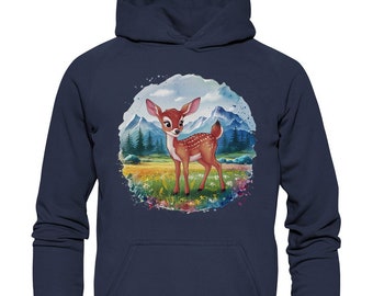 Reh Kitz Kinder Hoodie - Farbenfroher Hoodie für Kids mit kleinem Rehlein in der Natur auf Wiese vor Wald und Bergen / Pulli / Pullover