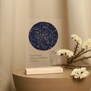 Plaque acrylique personnalisée premier rendez-vous, carte des étoiles premier baiser, cadeau d'anniversaire de notre rencontre, carte des étoiles de la constellation par date, ciel nocturne personnalisé